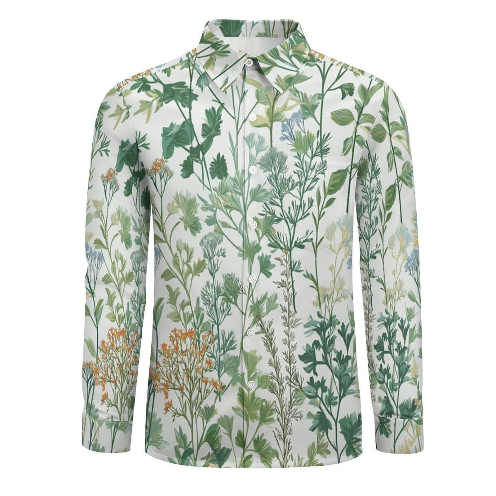 Camisa de Lino Flores Silvestres para Hombre - Camisas de Manga Larga Casual Verano Camisa Verde con Botones Camisas Ajuste Regular Ropa de Playa Vacaciones Trabajo