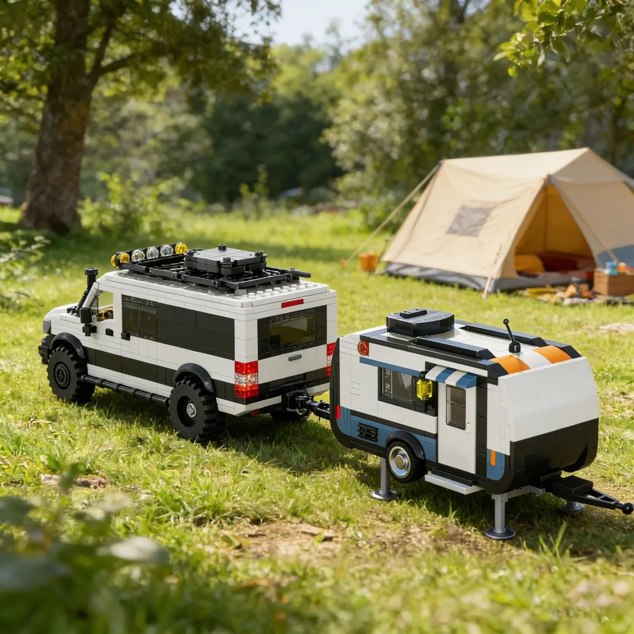 Juego de construcción 2 en 1 de coche deportivo y caravana, bloques de construcción de remolque, modelo de vehículo de camping para adultos, coches de carreras urbanos, bloques de sujeción
