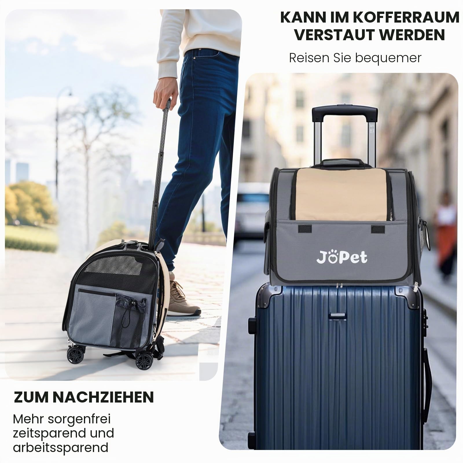 Haustiertasche Tragetasche mit Rollen, Haustierrucksack mit Rollen, kleine Hundetragetasche, Katzentragetasche, abnehmbare Räder, Reisetasche, Haustierwagen, weiche Seitentrage mit Rollen,