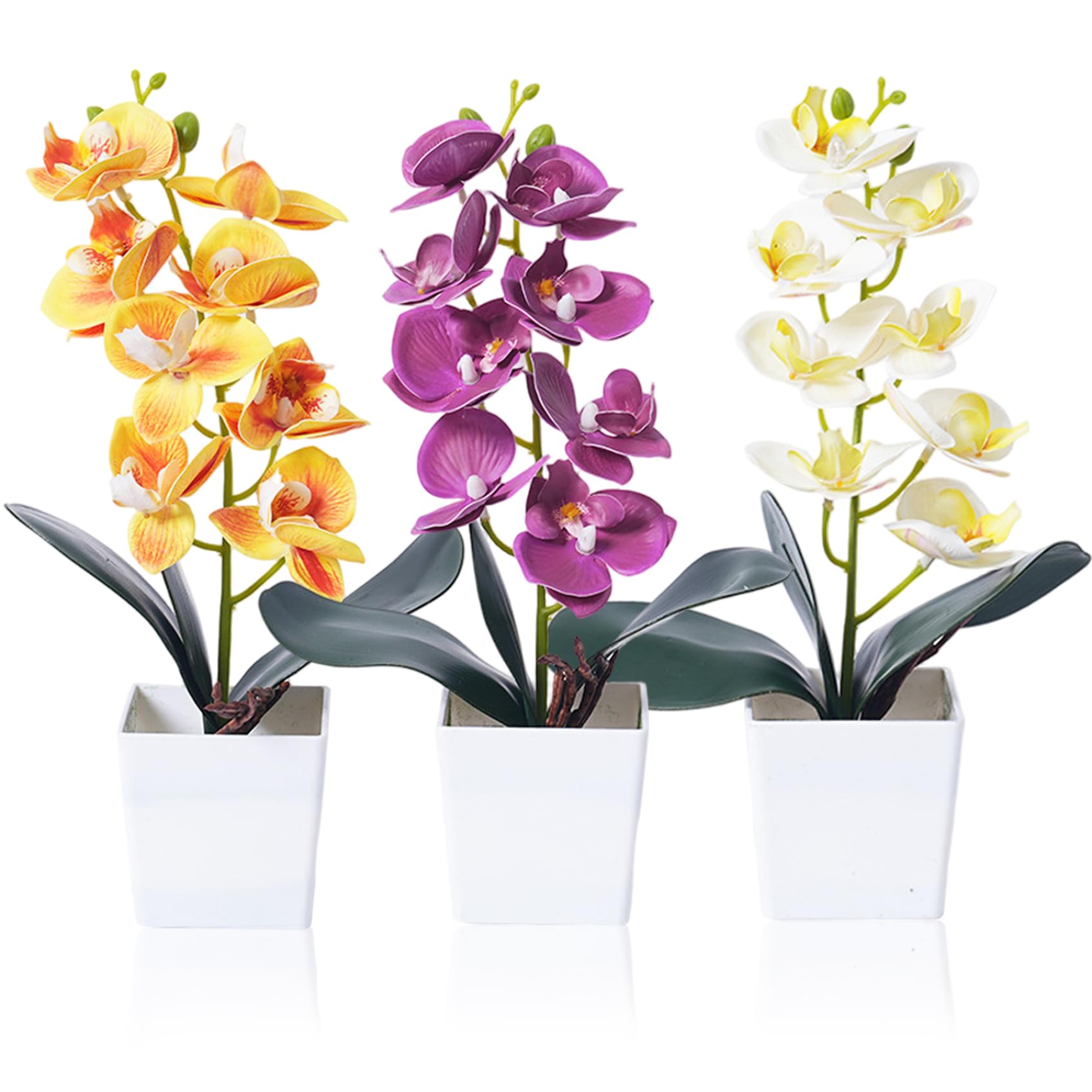 Confezione da 3 Orchidee Artificiali in Vaso di Ceramica, pianta di Orchidea Finta con 8 steli, Fiori di Seta realistici per Decorazioni di casa e Ufficio, Viola, Bianco e Arancione.