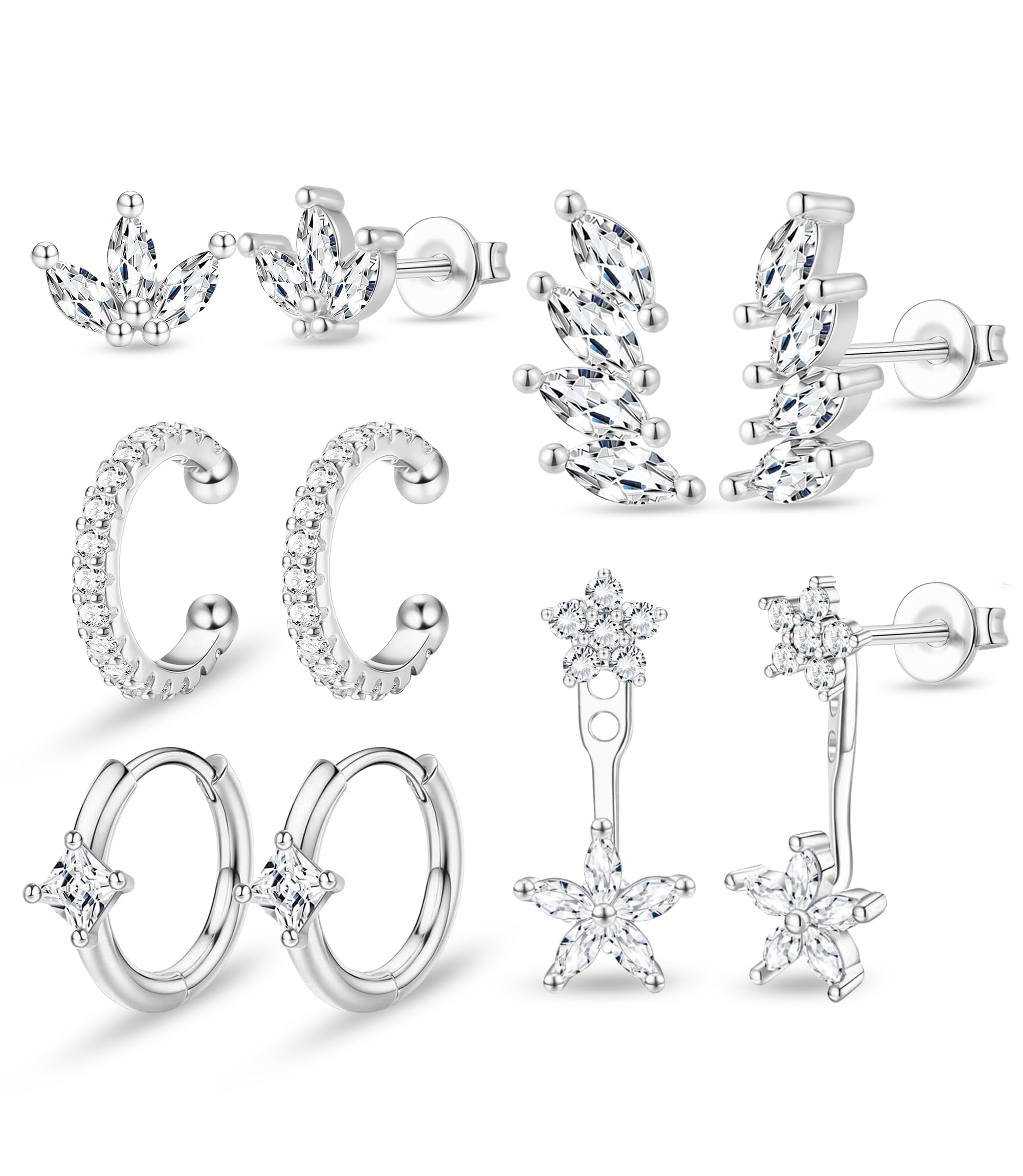5 Pares Pendientes Mujer Bañado en Plata 925/Dorados,Hipoalergénicos Ear Cuff con Circonitas para Mujer