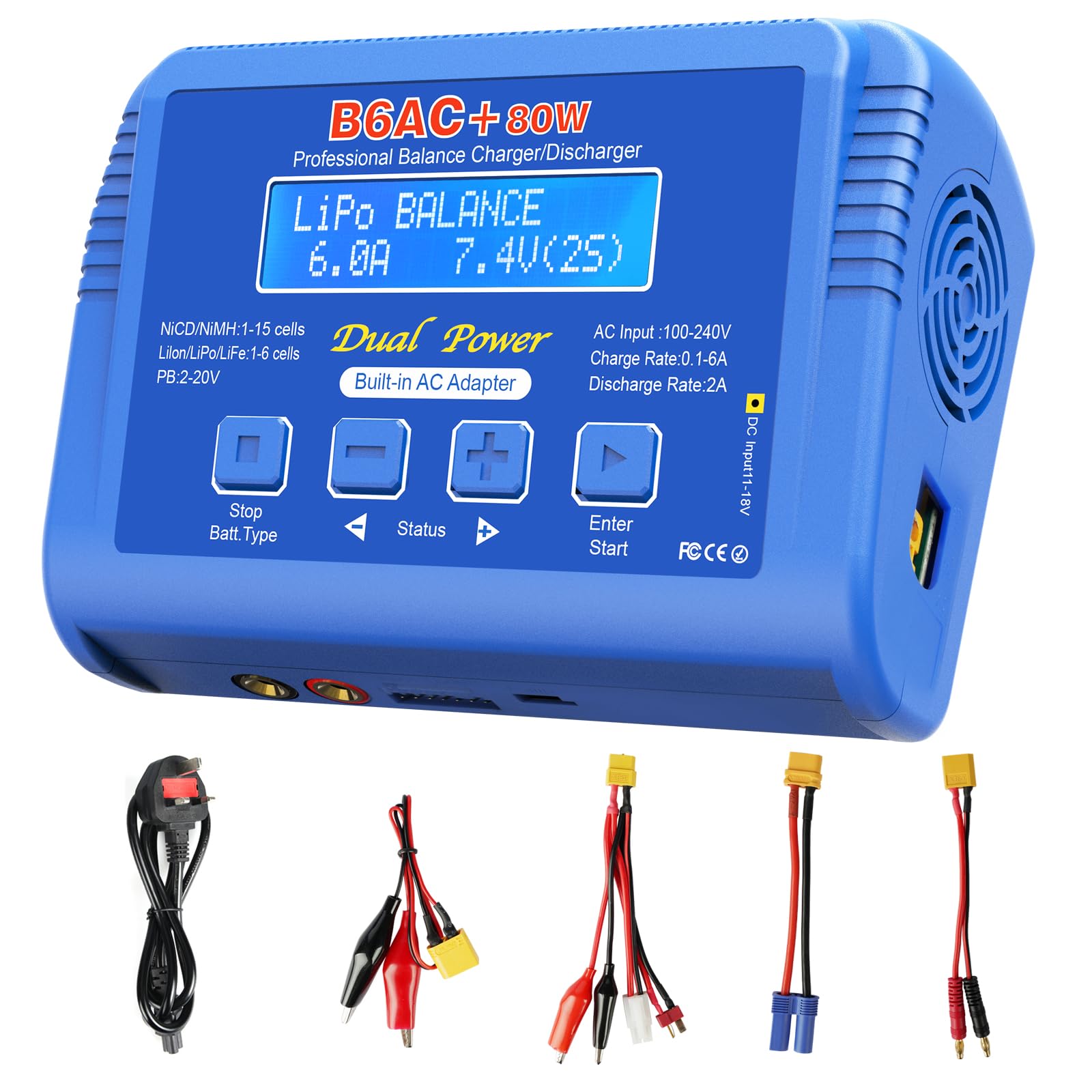 LiPo Charger, 80W LiPo Balance Charger, 6A RC Battery Charger for LiPO/Li-Ion/LiFe(1-6 Cells), NiMH/NiCD(1-15 Cells), PB Battery(2-20V), NiMH Battery Charger with XT60/T plug/Tamiya/EC5/Crocodile Clip