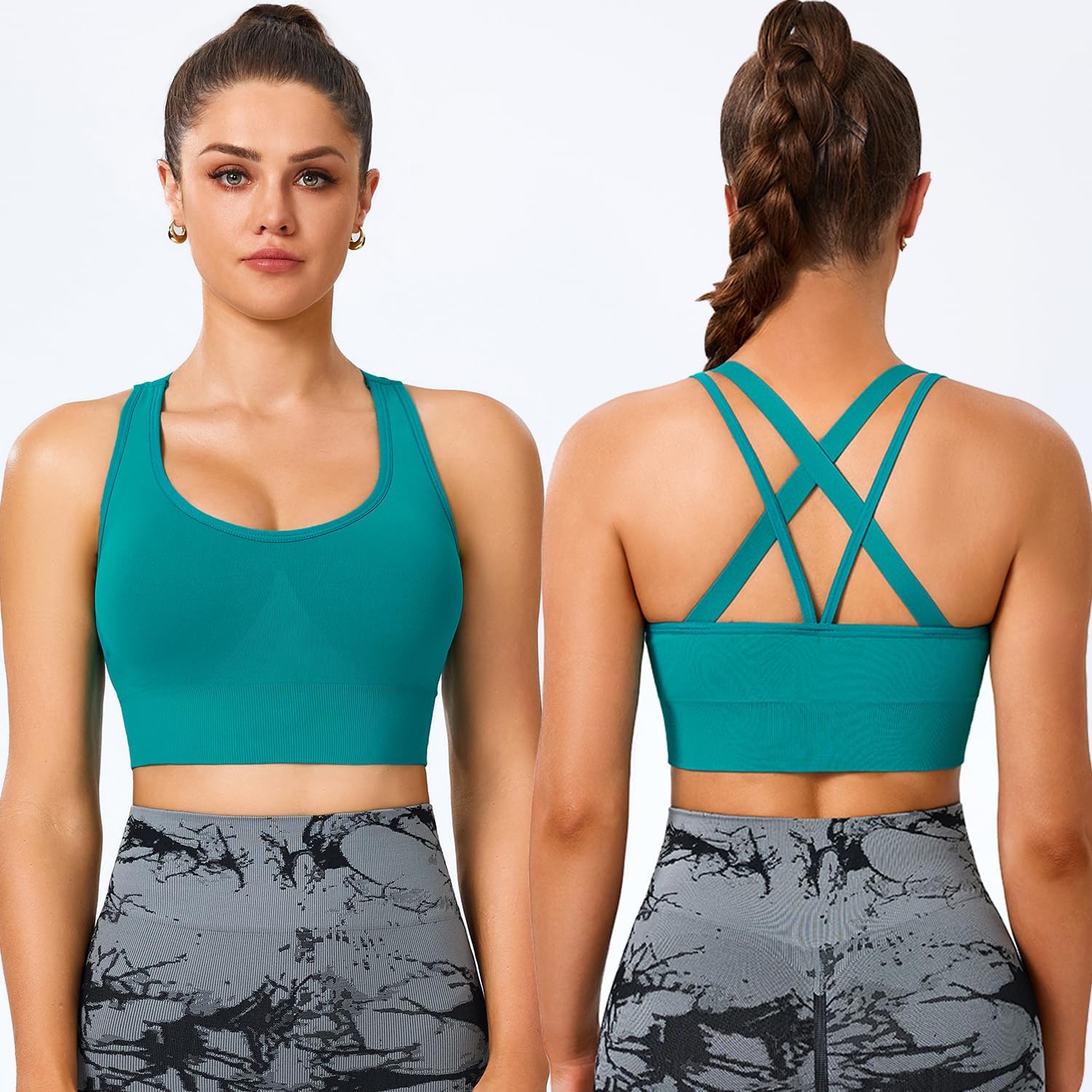 BLUELILY Sports Bra for Women Medium Support Criss Cross Strappy Bras Seamless Padded High Impact Yoga Athletic Exercise Bras - Image 2