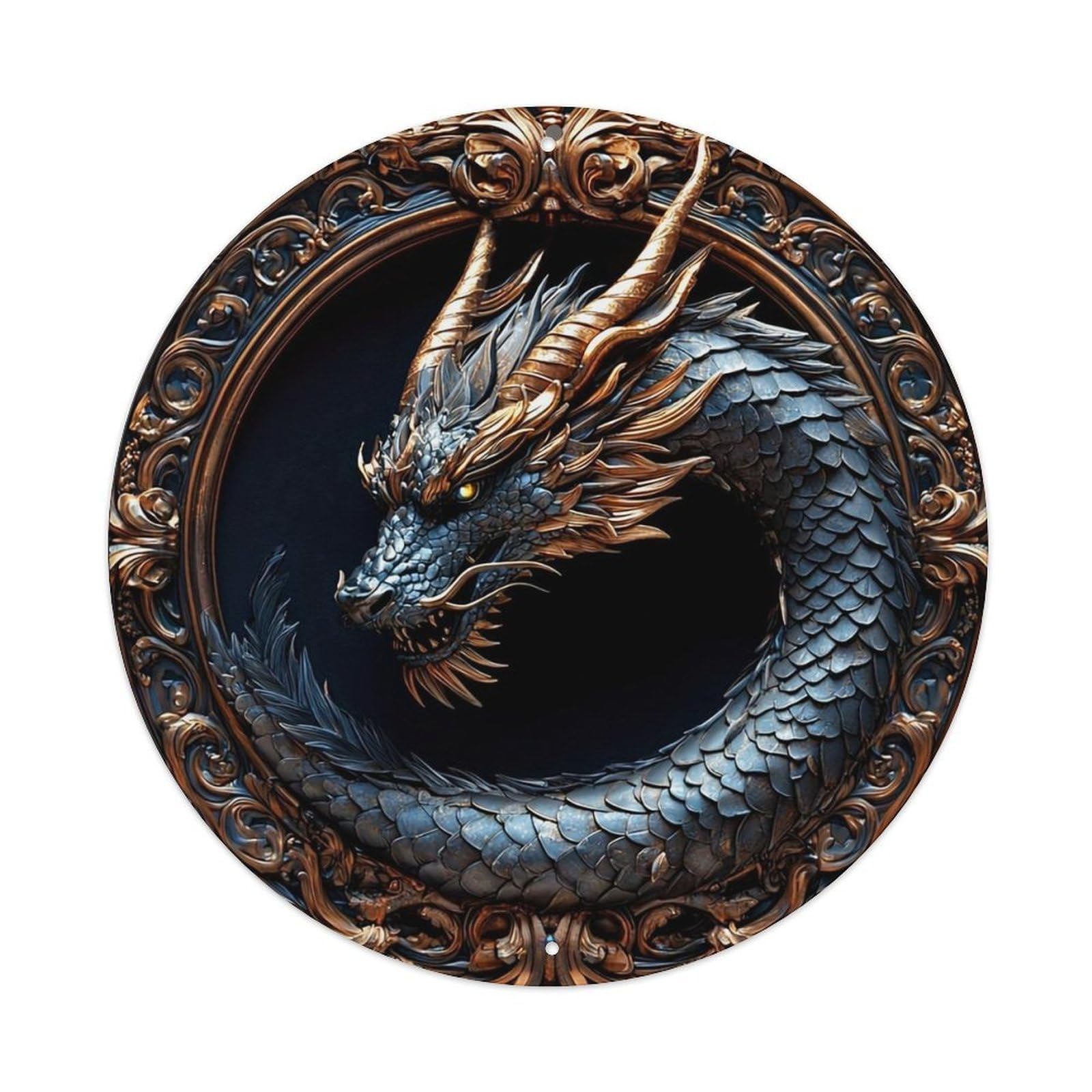 Ornate Dragon Circular Medallion Design Vintage Metal Tin Sign Retro Wall Decor for Home Bar Garage Cafe, Indoor & Outdoor Decorative，circle Metal Poster, 8x8 Inch