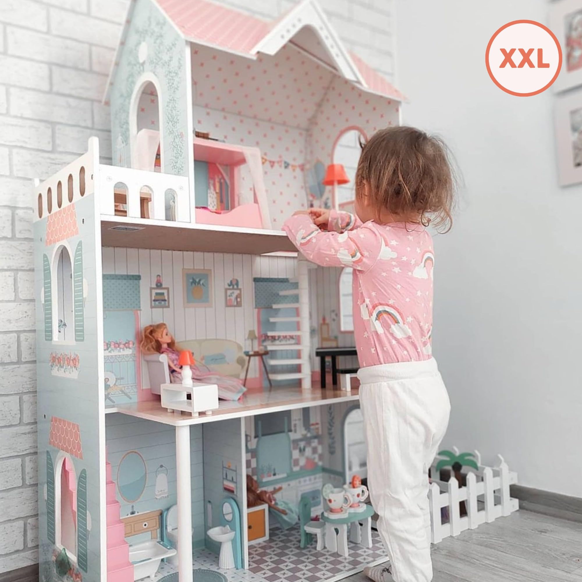 Mamabrum Casa de Muñecas de Madera XXL con LED – Casita de Muñecas de 3 Pisos con Muebles, Jardín y Accesorios – Casa de Barbie de Madera Educativa para Niñas +3 Años