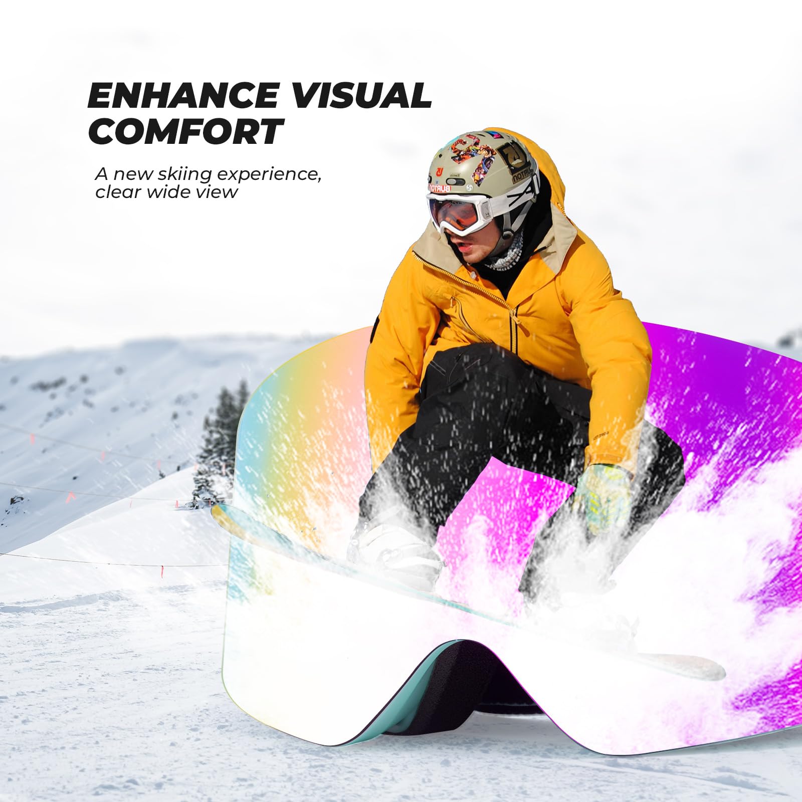 Lunettes Ski Anti-Buée OTG Homme Femme HD Anti-UV Sphérique Snowboard Goggles Anti-Éblouissant Masque Grand Vision Motoneige Élastique Respirant Compatible avec Casque Hiver Noir Violet Vert