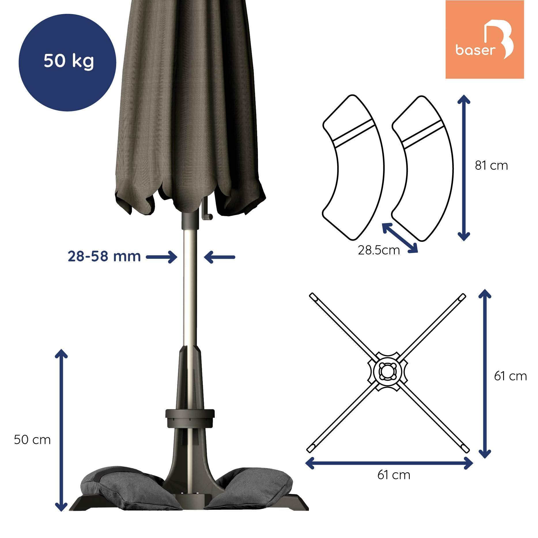 BASER Podstawa Parasola z Workami z Piaskiem 50kg, Stabilny Stojak na Parasol Ogrodowy do 3,3m, Obciążniki i Uchwyt 25-48mm, Czarny