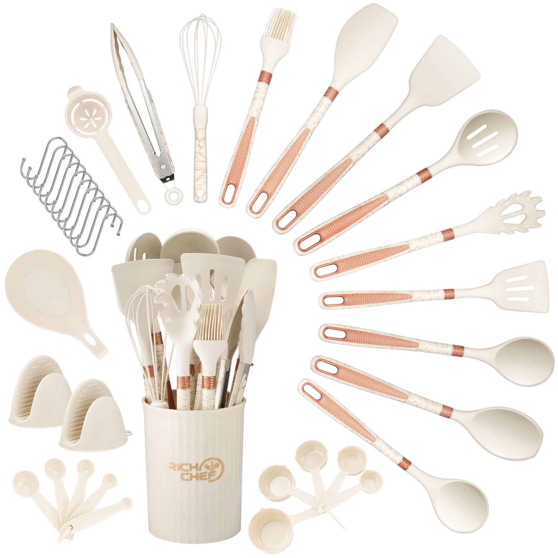 silicone cooking utensils set - 446°f heat resistant kitchen utensils,turner,tongs,spatula,spoon,brush,whisk,kitchen utensil gadgets tools set for nonstick cookware,dishwasher safe (bpa free)