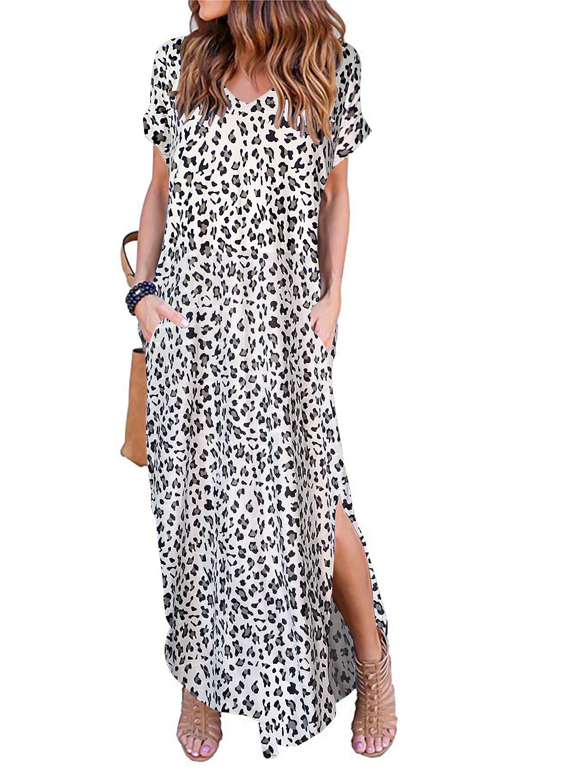 Arolina Women's Summer Maxi Dress Short Sleeve V Neck Casual Loose Long Beach Split Dresses with Pockets