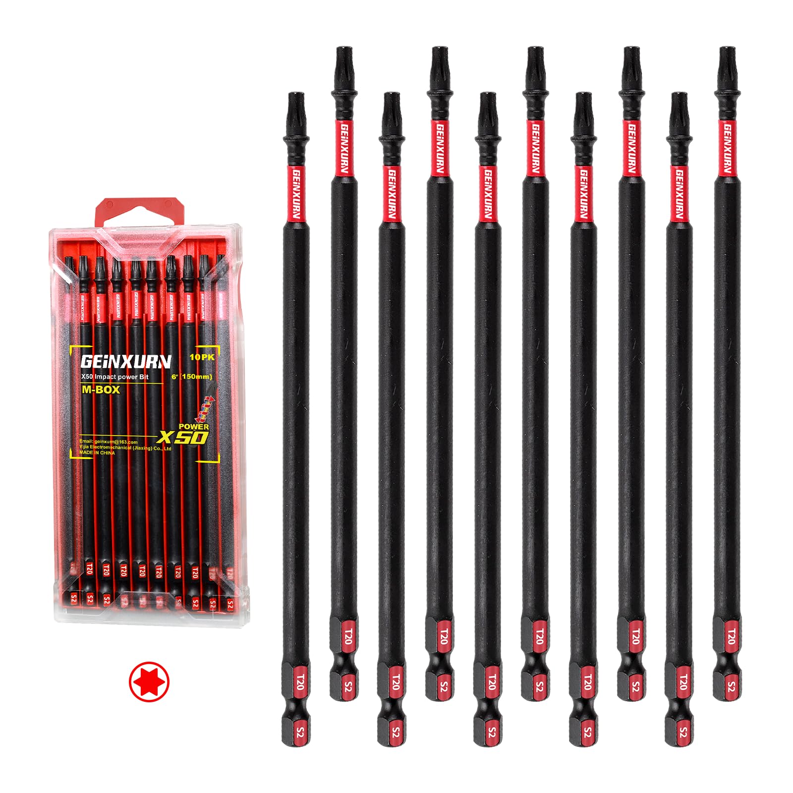 Geinxurn 10Pieces 6 In. T20 Impact Tough Magnetic Screwdriver Bit Set, #20 Torx Head Power Bits, S2 Alloy Steel Star Bits with Storage M-Box