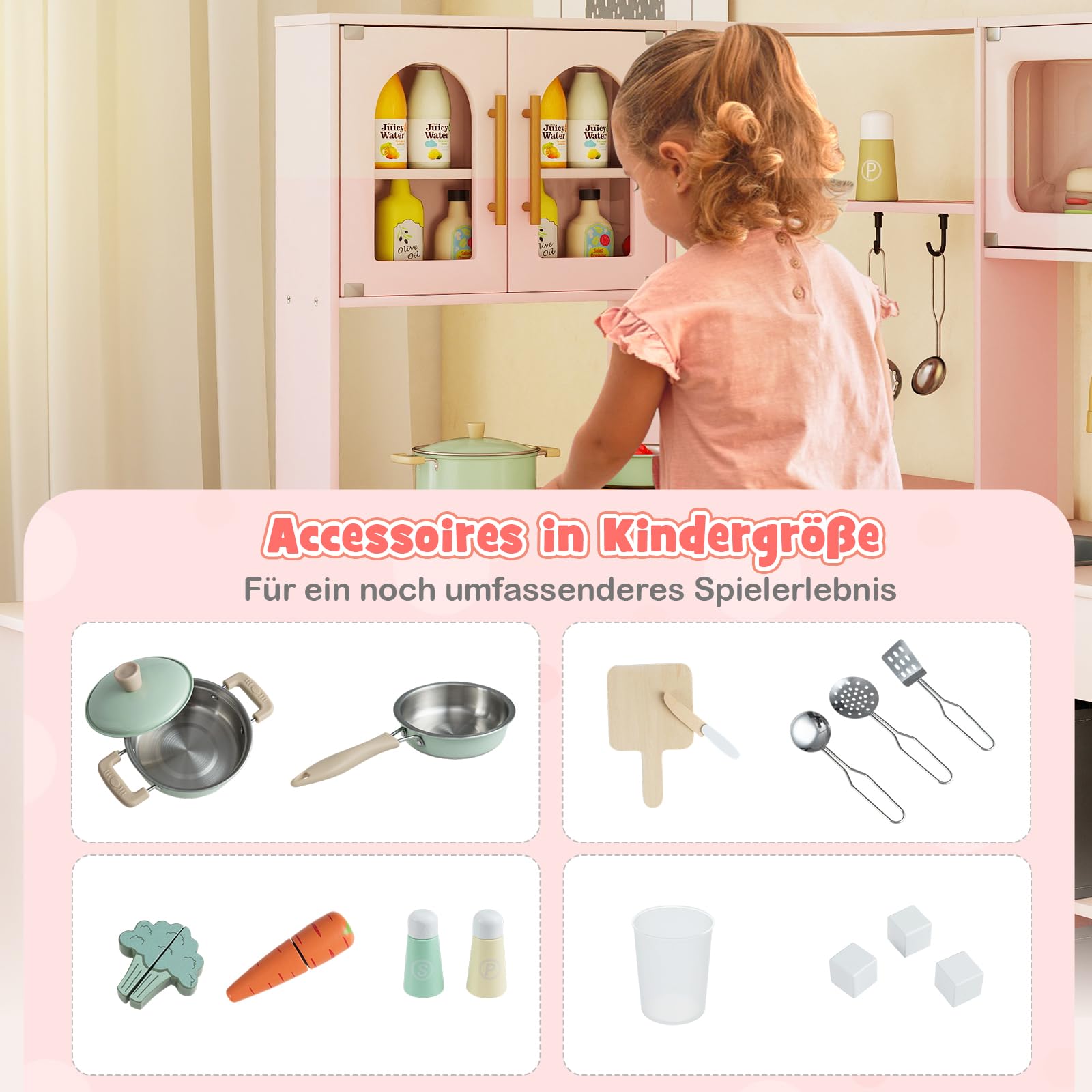COSTWAY Kinderküche mit Licht und Sound, Eck Spielküche mit ausziehbarer Arbeitsplatte, Spüle, Herd, Ofen & Kühlschrank, Spielzeugküche inkl. Zubehör & Stoffkörben, für Kinder ab 3 Jahren (Rosa)