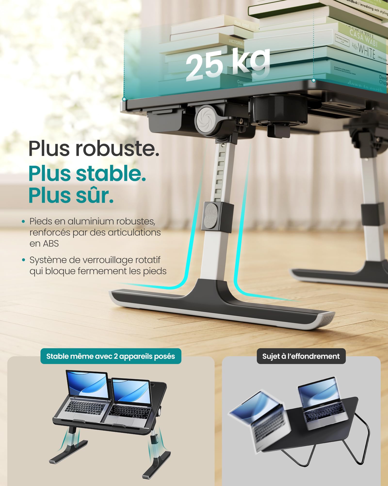 SONGMICS Table de Lit Pliable Plateau 56 x 40 cm Hauteur Réglable Inclinaison 120° Noir d’Encre