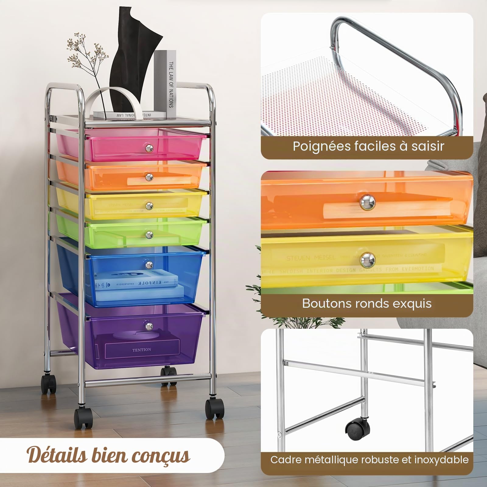 KOMFOTTEU Meuble à 6 Tiroirs à Roulettes Verrouillables, Chariot de Rangement en Plastique, Organisateur pour Bureau, Salle de Bains, Salon, Coloré Transparent