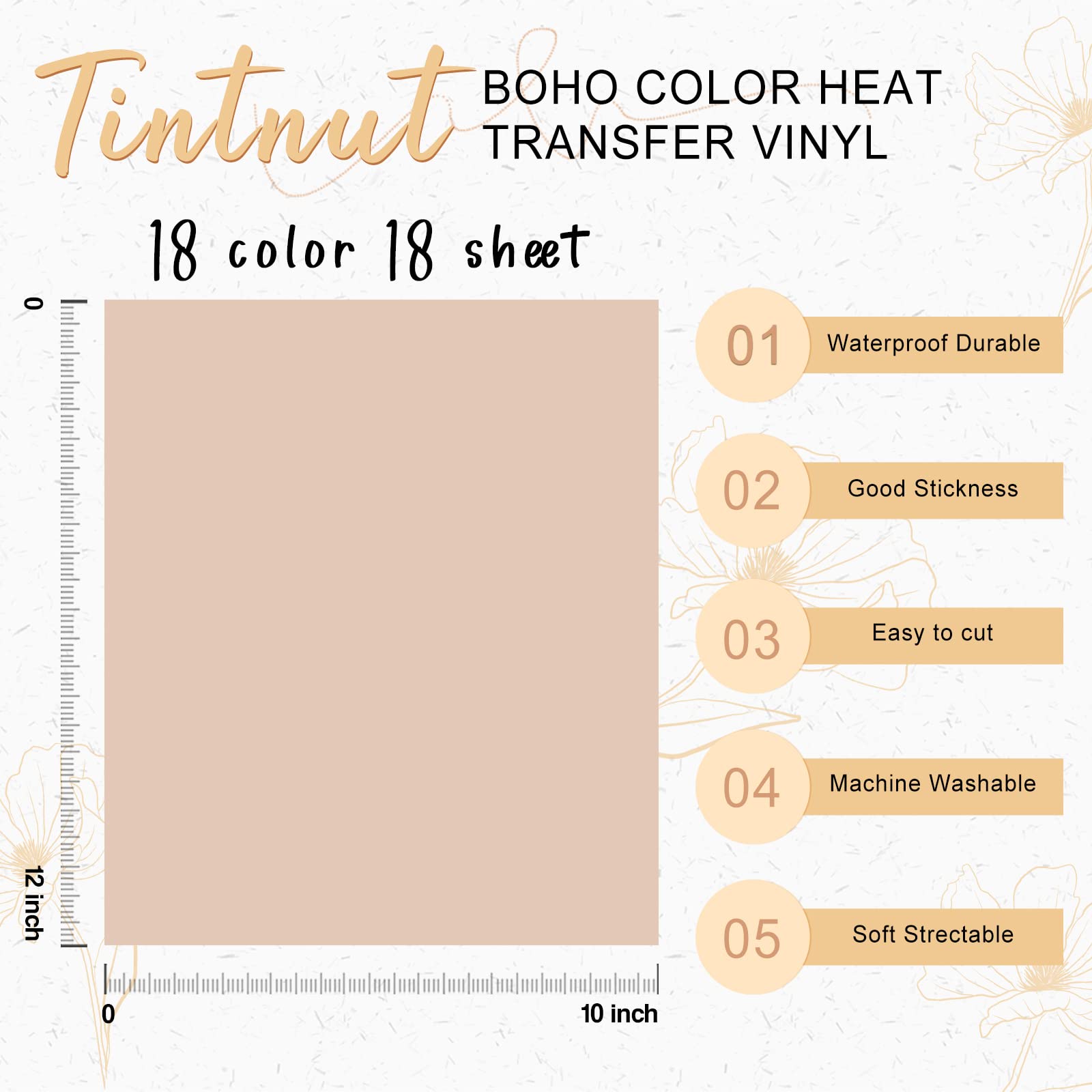 Tintnut Einfarbig Boho Set Plotterfolie Textil Iron on Folie Heat Transfer Vinyl 18 Blätter 12"x10" Flexfolie Plotter Textil für Kleidung und Taschen, Kompatibel mit Meisten Plotter (Packung mit 2)