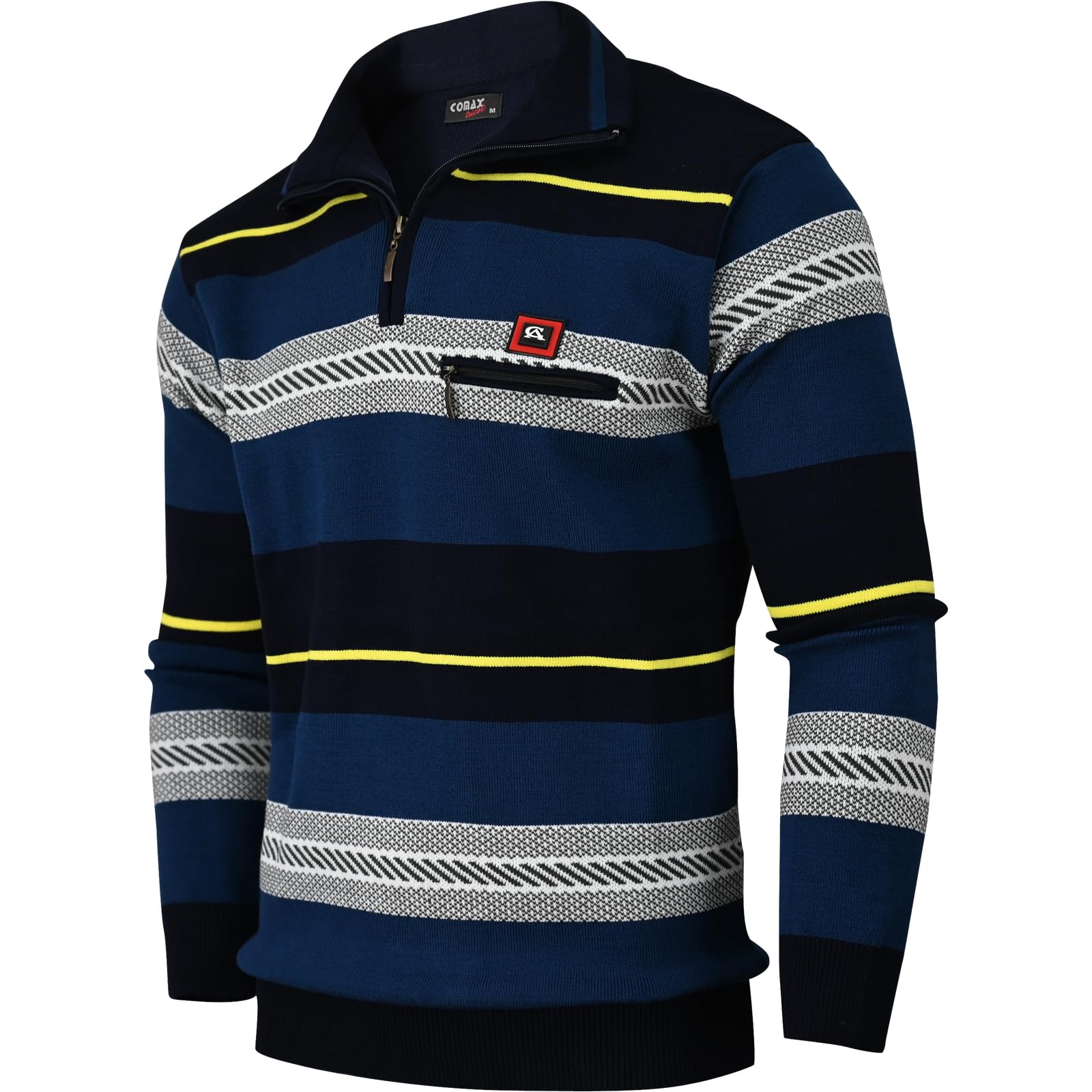 Soltice Herren Langarm Sweatshirt mit Brusttasche, Gestreifter Strickpullover mit Kragen, Meliert, Winter Baumwoll Poloshirt (M bis 3XL) - 2