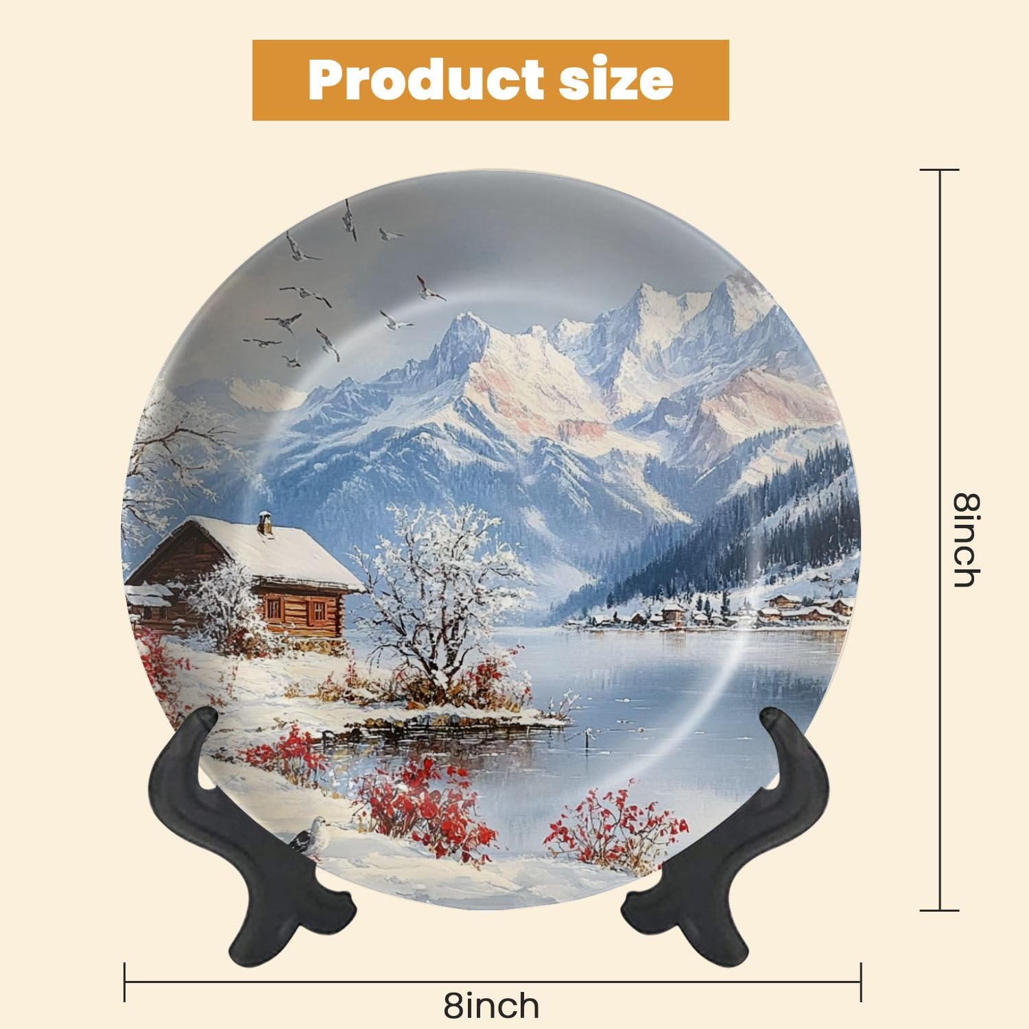 Decorative Plates for Display Farmhouse White Modern Snow Covered Cabin Majestic Mountains Tranquil Gift Plates Ceramic Collections Plates Hanging Artwork for Living Dining Room Kitchen Souvenir