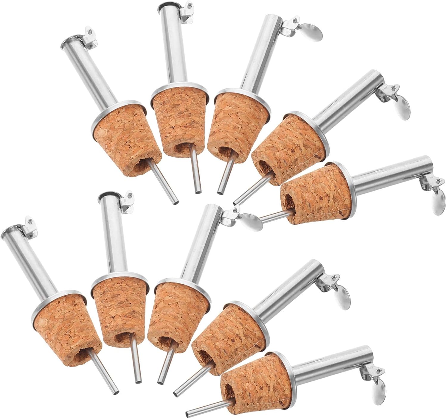 10pcs Stainless Steel Olive Oil Bottle Pourers with Cork Stoppers, Airtight Closure and Splash-free Design, Silver Oil Dispenser Spout Tops for Kitchen Tasks and Cooking