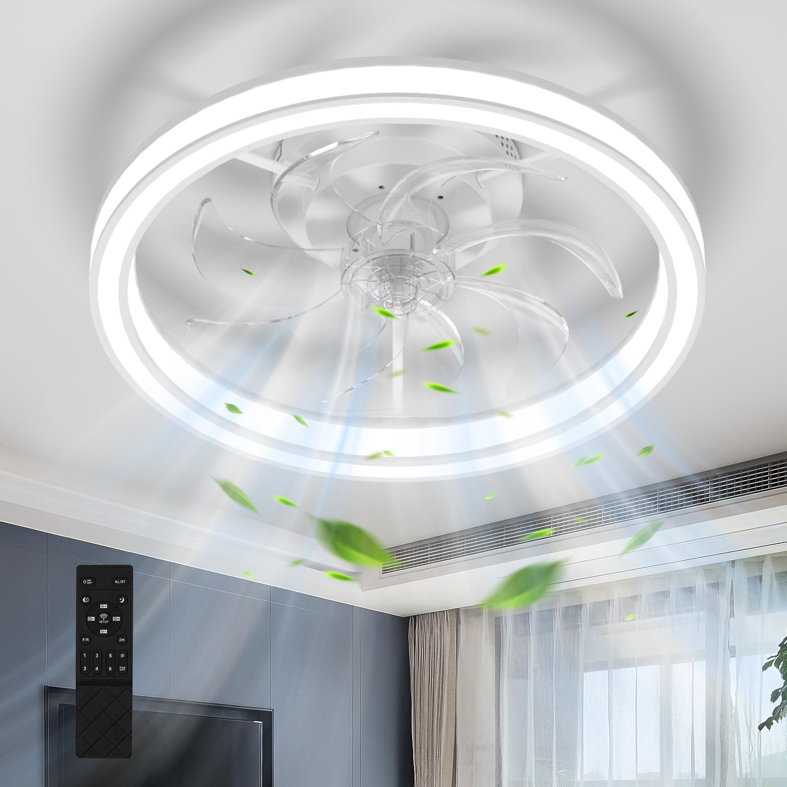 Ventilador de Techo con Luz LED 48CM, Lámpara Ventilador Techo con Control Remoto, Motor Silencioso con 6 Velocidades Reversibles, Temporizador, Luz Ventilador Techo Dormitorio, Blanco