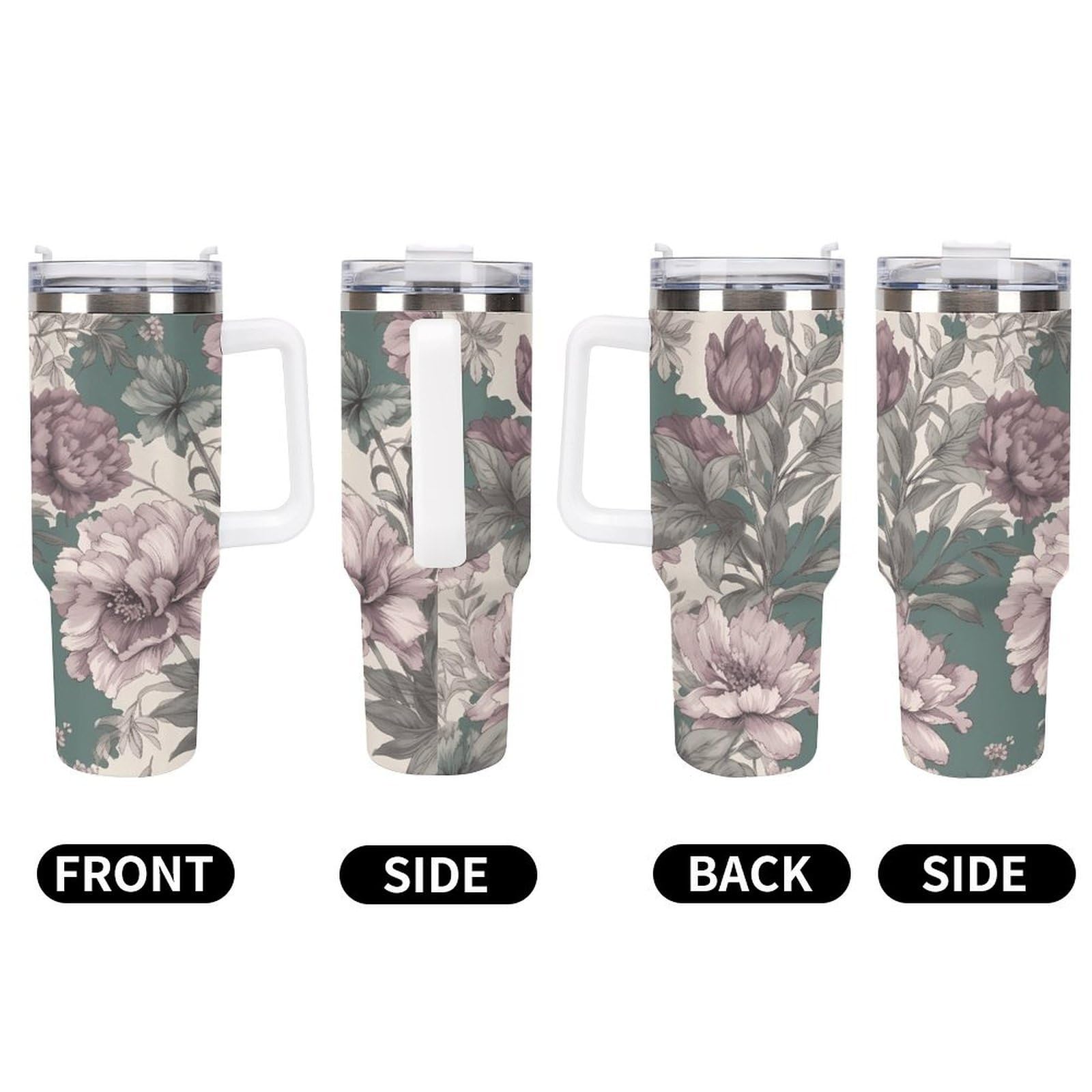 Violette Blumen-Tassen mit Strohhalm und Griff, doppelwandig, Vakuumisolierung, Wasserflaschen für Eiskaffee, Tee, heiße und kalte Getränke