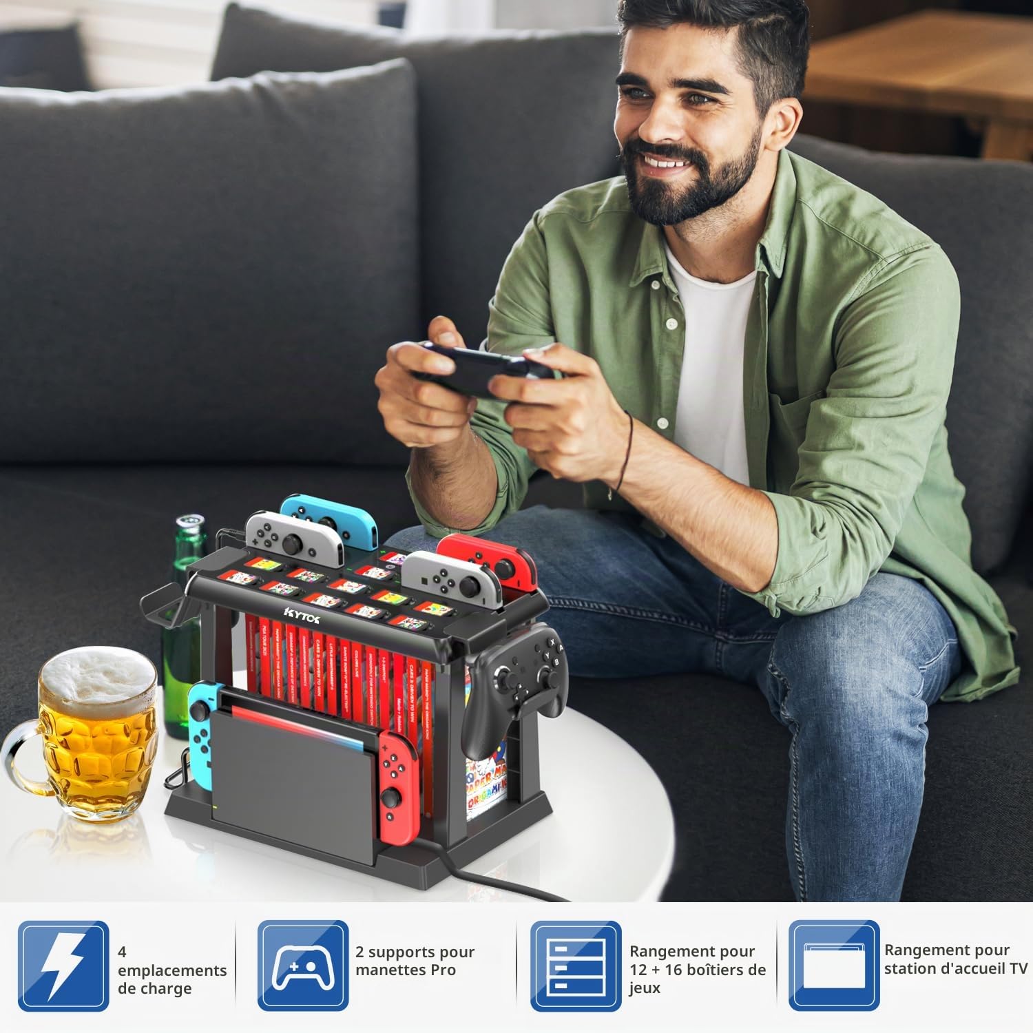 Kytok Support Tour de Rangement pour Nintendo Switch/OLED, Chargeur Manette Switch & Support Manette SW/OLED, Multifonctionnelle Tour Stockage Accessoires Jeux S Witch avec Chargeur Joycon S-Witch