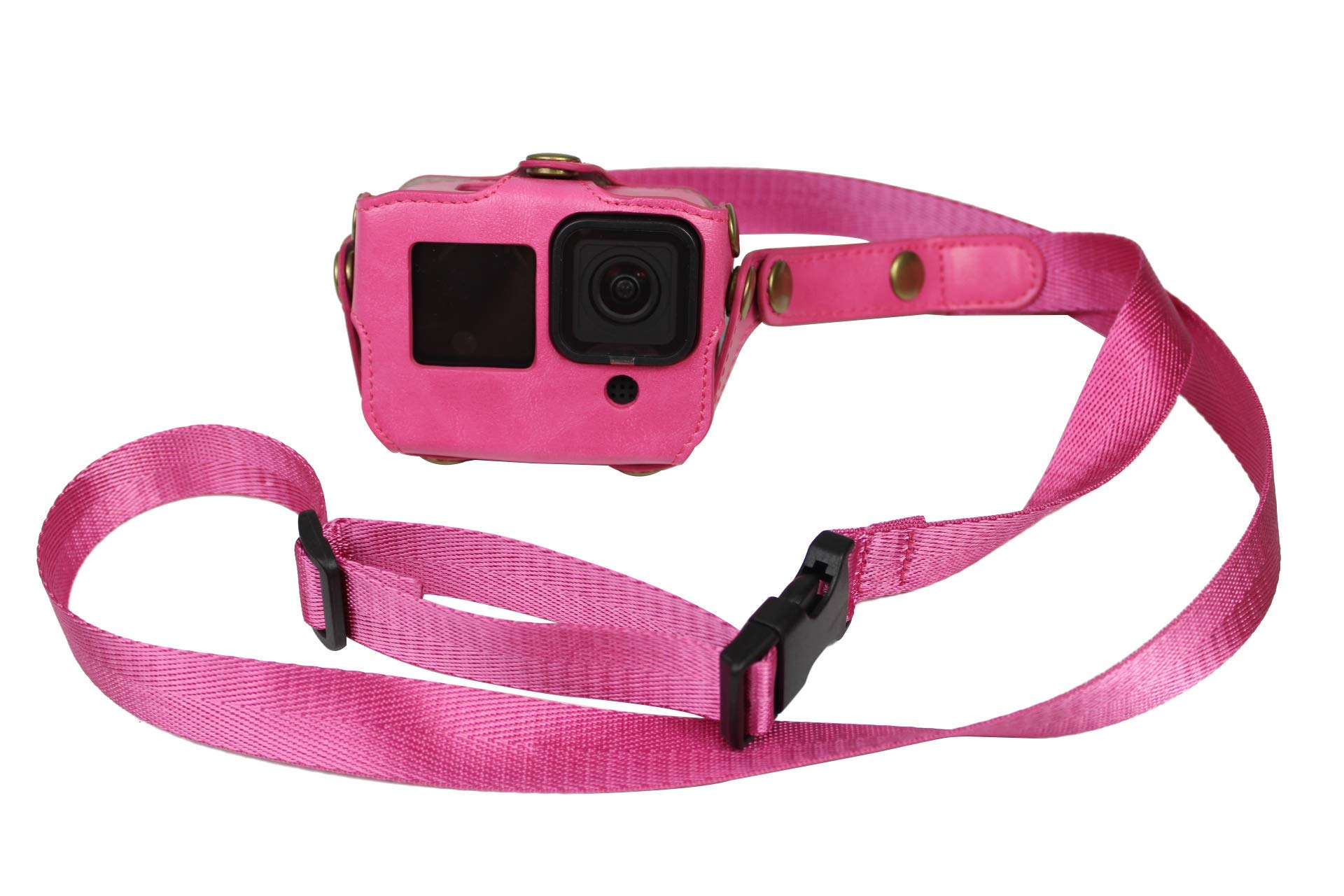 PU Leather Case for GoPro Hero 9 Action Camera Frame Mount Housing with Adjustable Neck/Waist Strap Accessories Magenta