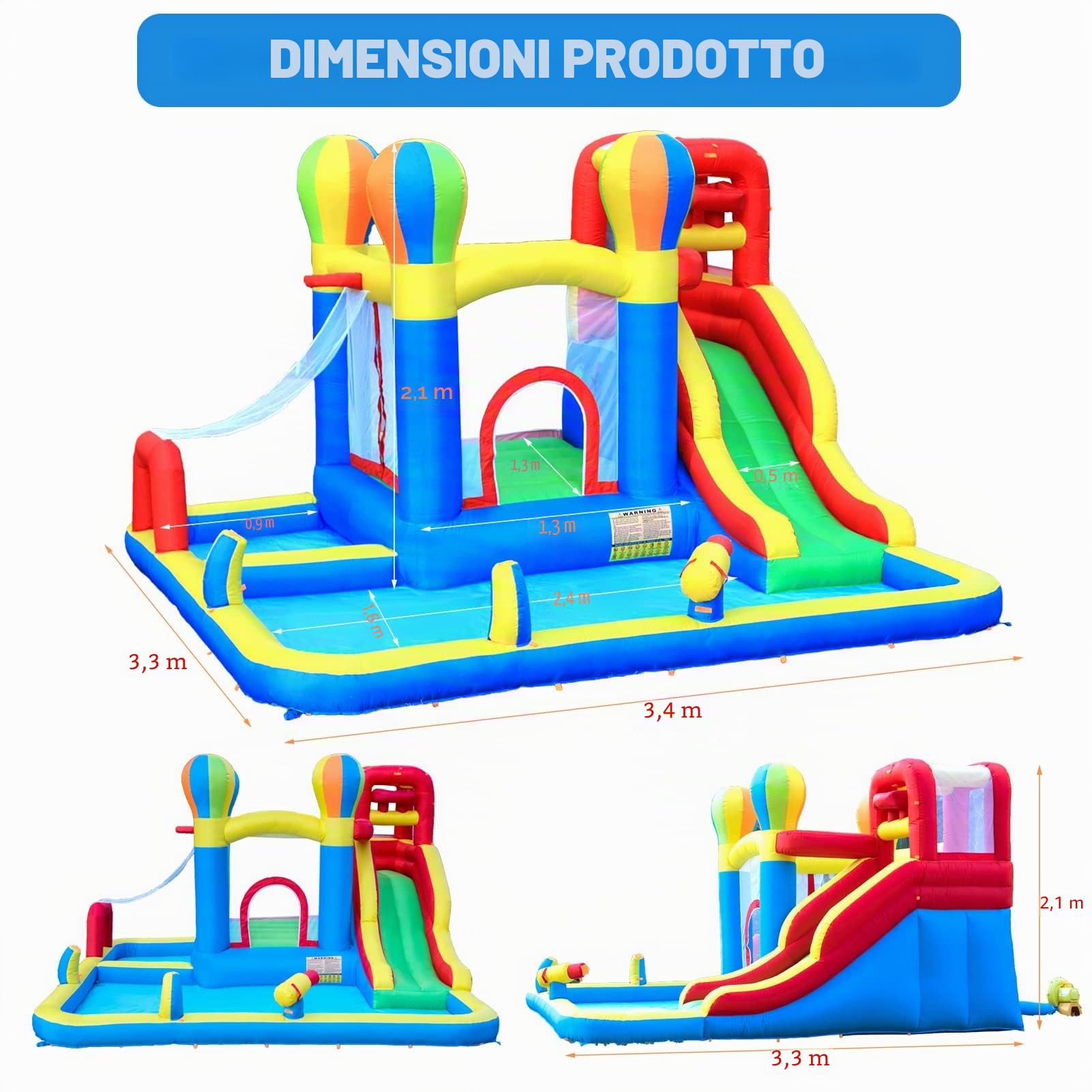 Baralir Castello gonfiabile con ventilatore, Parco acquatico, Scivolo a secco/Acqua, 343x338x202 cm, Castello gonfiabile interno/esterno, I migliori regali di vacanza/Compleanno per bambini