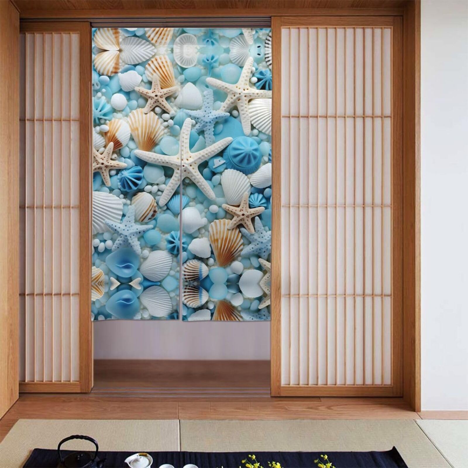 Rideau de porte océan pour salle de bain bleu marine en deux pans 86x142 cm