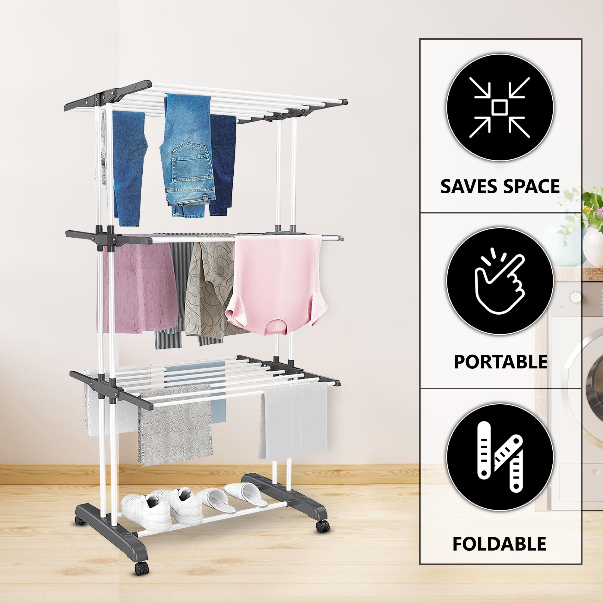 Vonia Séchoir à Linge Pliable 4 Niveaux – Étendoir Linge Intérieur Petit Espace de 12m | Tancarville Linge Solide XXL en Tour pour Vêtements et Serviettes, Intérieur et Extérieur, Blanc