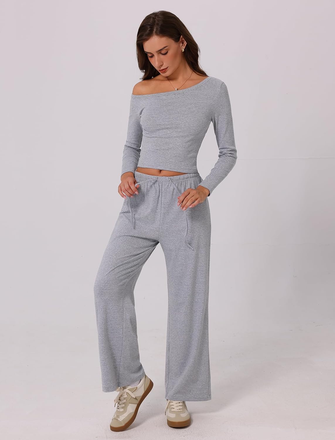 2 Piece Sets for Women Long Sleeve Off-shoulder Stripe Print Crop Top and Wide Leg Pants Casual Tracksuits - Image 4