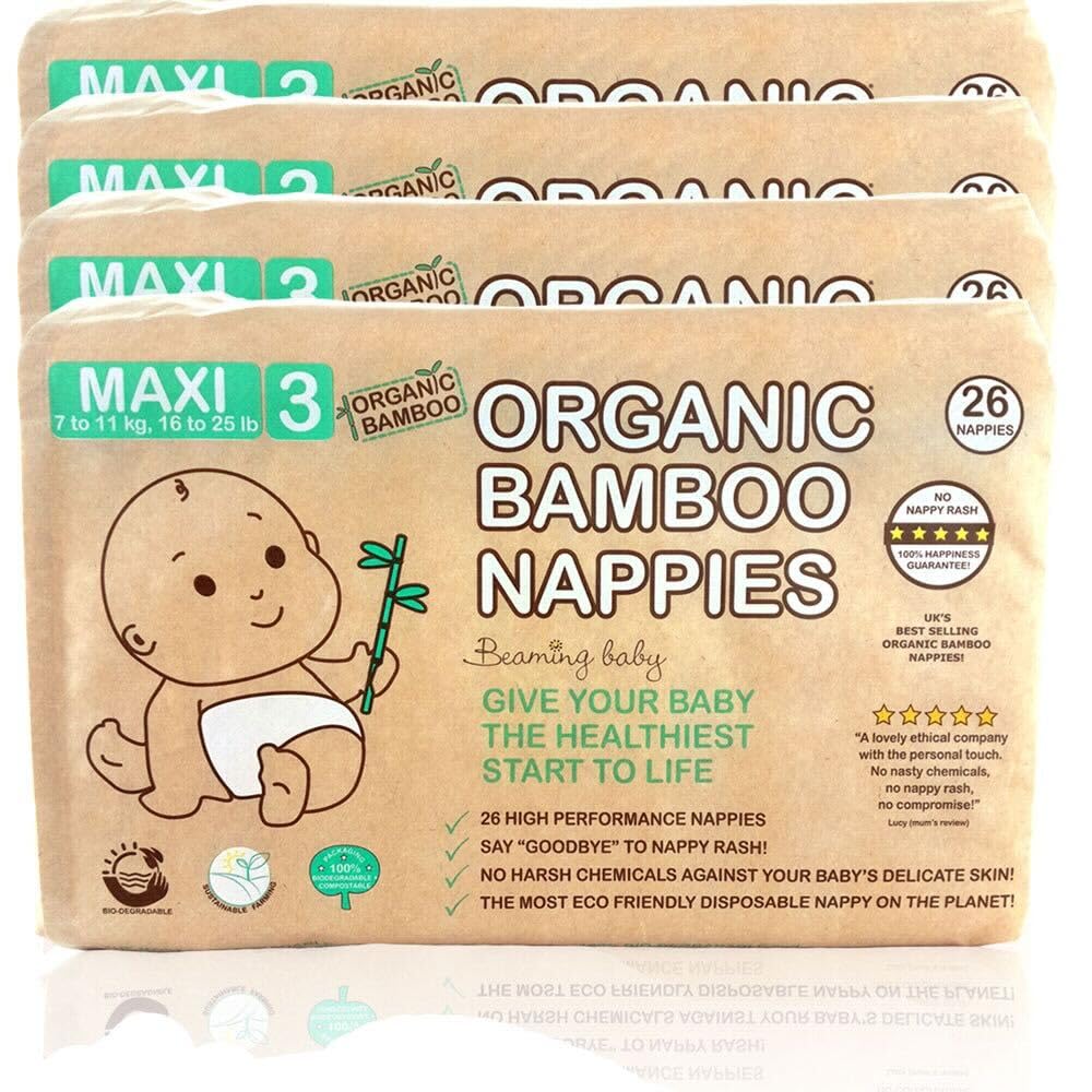 Beaming Baby Organic Bamboo Nappies - Size 3 (7-11 kg / 16-25 lbs), 4 X 26 Nappies (104 Total) | Monthly Pack, Ultra Soft Nappies for Sensitive Skin | Give Your Baby The Healthiest Start to Life