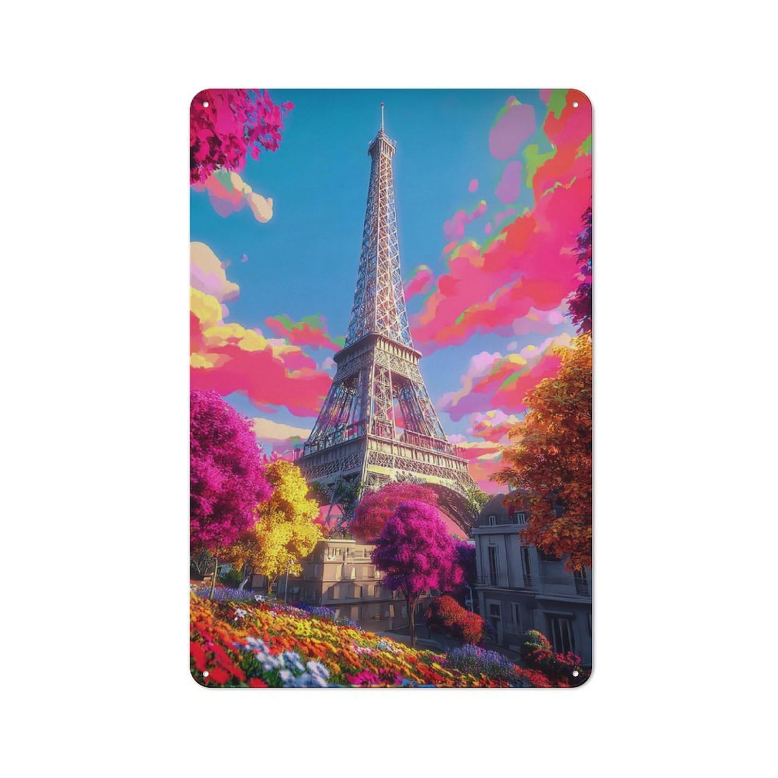 Junmoney Colorful Paris Eiffel Tower Scene -1 Vintage Tin Sign 30X20cm For Guest Room Or Hallway, Suited To Home Decor Collectors