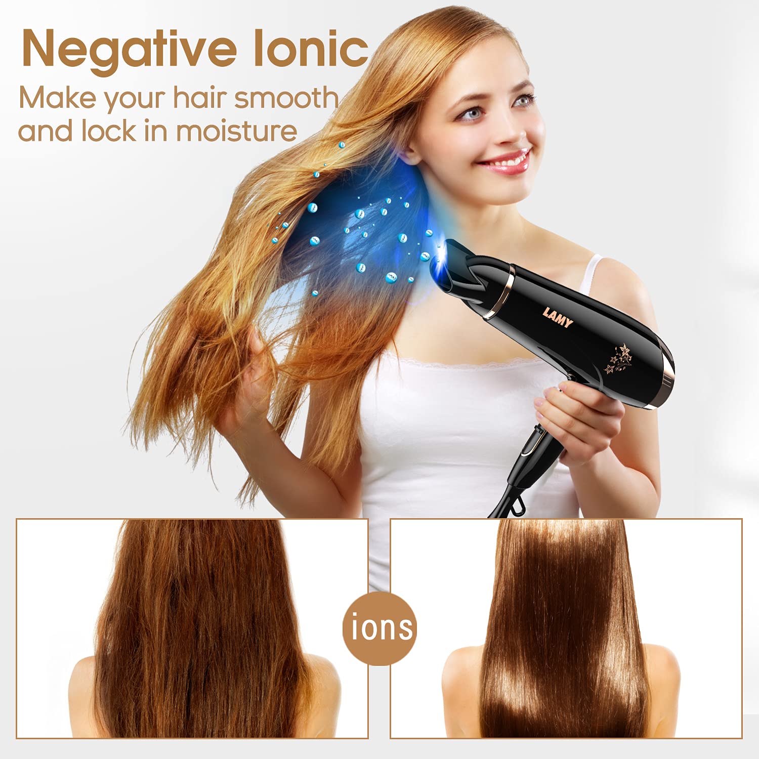 LAMY Hair Dryer, 1875W Ionic Blow Dryer with Comb, Diffuser and Concentrator, Professional Salon Hair Dryers for Women with Stylish, Quiet, Lightweight, 3 Heating/2 Speed/Cold Settings