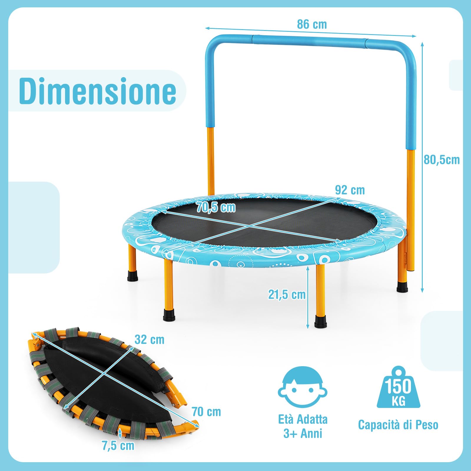 COSTWAY Trampolino Elastico per Bambini, Tappeto Elastico Pieghevole per Bambini con Copertura, Cuscinetti Antiscivolo e Maniglia, Ideale per Interno ed Esterno, Carico Massimo 150 kg