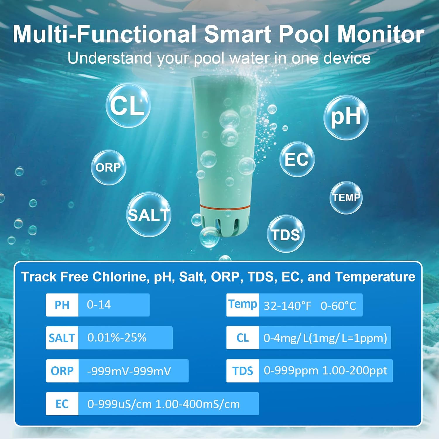 kactoily New Digital Pool Water Tester with App, Smart Pool Monitor for Chlorine, pH, Salinity, ORP, EC, TDS and Temperature, Real-time Alert and Magnetic Charging for Pool, Hot Tub & Spa