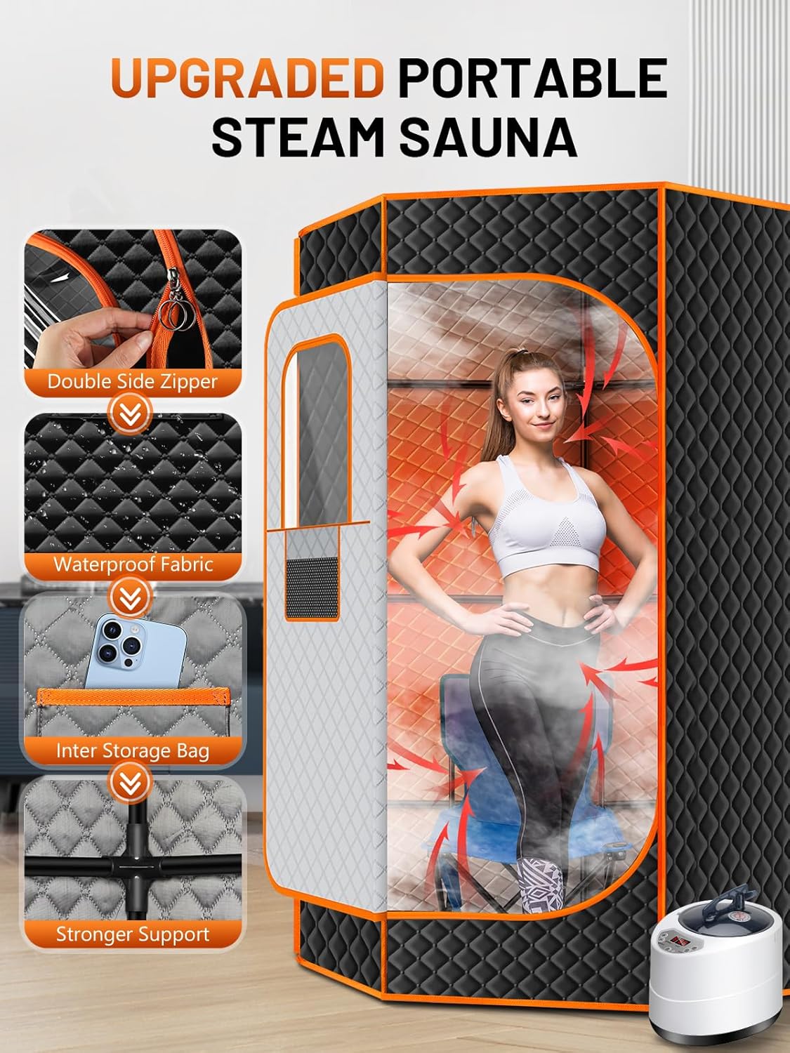 Portable Steam Sauna for Home, Portable Sauna Box Full Body for Home with 9 Adjustable Heat Levels, Steam Sauna with 3L 1500W Steamer, Folding Chair, 99 Minute Timer