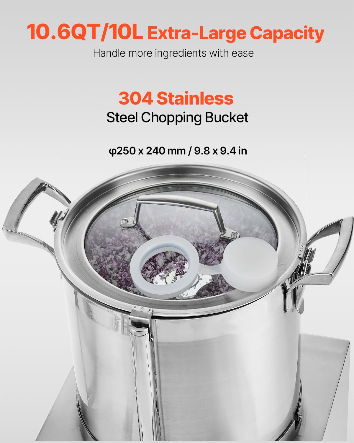 VEVOR Procesador de Alimentos y Picadora de Verduras, Acero Inoxidable de Grado Alimenticio 10 l con 2 Cuchillas Curvas S Adicionales, para Picar Verduras, Frutas, Granos y Nueces, 360 x 355 x 565 mm