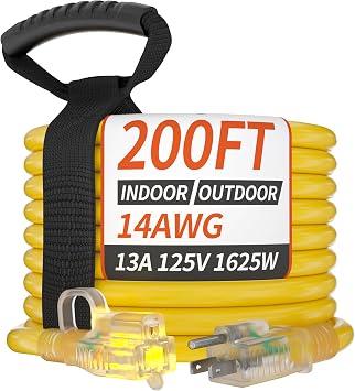 PlugSaf 14/3 Gauge Yellow Outdoor Extension Cord 200 ft Waterproof with Lighted Indicator, Cold Weatherproof -40C, Flexible 3 Prong Extension Cord Outside,13A 1625W 14AWG SJTW, ETL Listed
