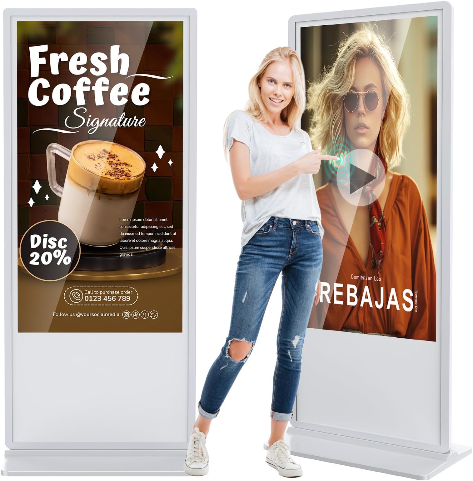 Digital Signage Display, LCD Screen Digital Kiosks & Interactive Displays 4K Totem Floor Standing Auto AD Player with USB/HDMI/WiFi Android OS