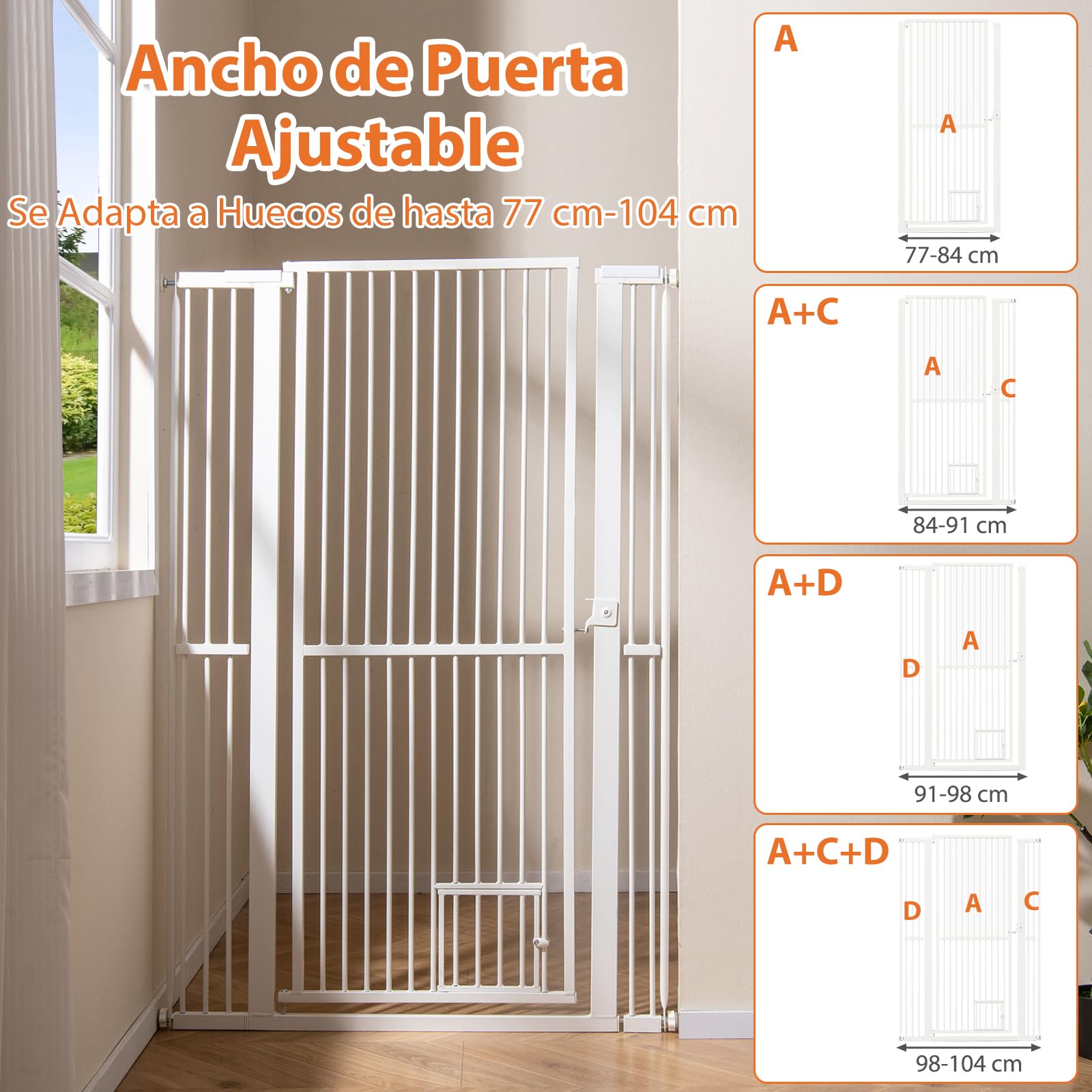 GOPLUS Barrera de Seguridad de Mascotas de Metal Ajustable, Puerta Extra Alta de 150 cm para Gatos con Ancho Ajustable de 77-104 cm, 2 Kits de Extensión, Diseño Bloqueable, Barrera para Perros