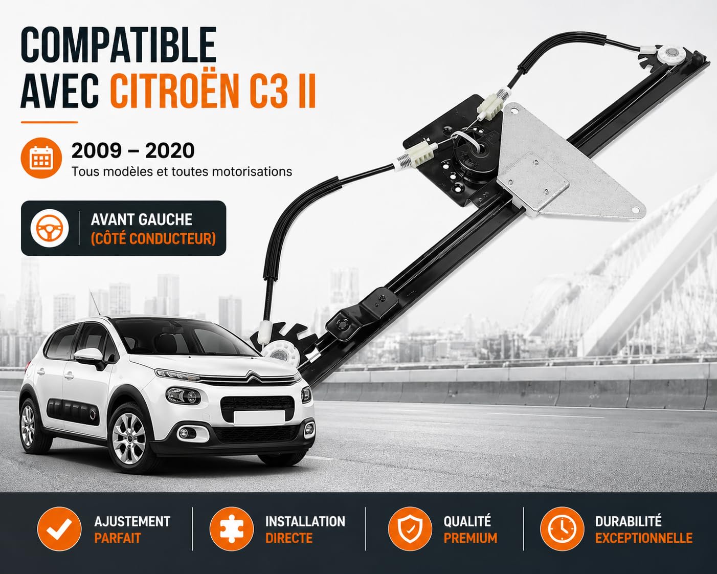 Alzacristallo elettrico anteriore sinistro compatibile con Citroen C3 II 2009-2020 Conduttore 9221FQ 9221FR 9802617780 Meccanismo Completo