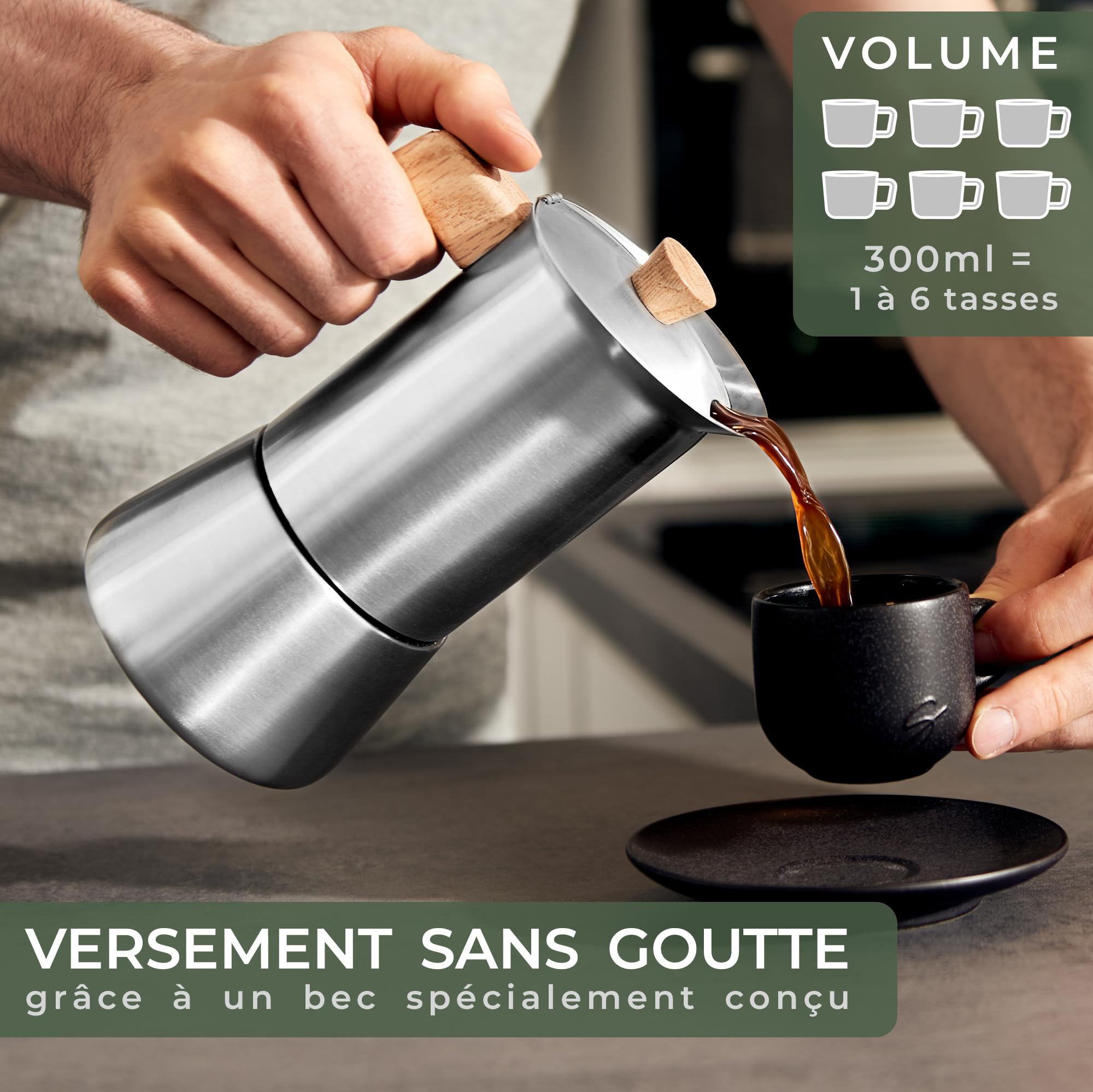 WALDWERK Cafetière Italienne (300ml) - Induction Compatible - Inox Avec Poignée en Chêne Véritable - Moka Pour Tous Types de Plaques