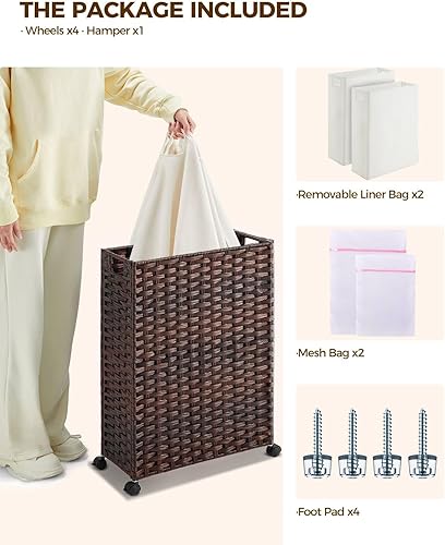 Miniatura 3 de Greenstell Cesta de lavandería con ruedas, cesta de lavandería delgada de 50 litros con 2 bolsas extraíbles y 2 bolsas de malla, cesta de ropa sucia