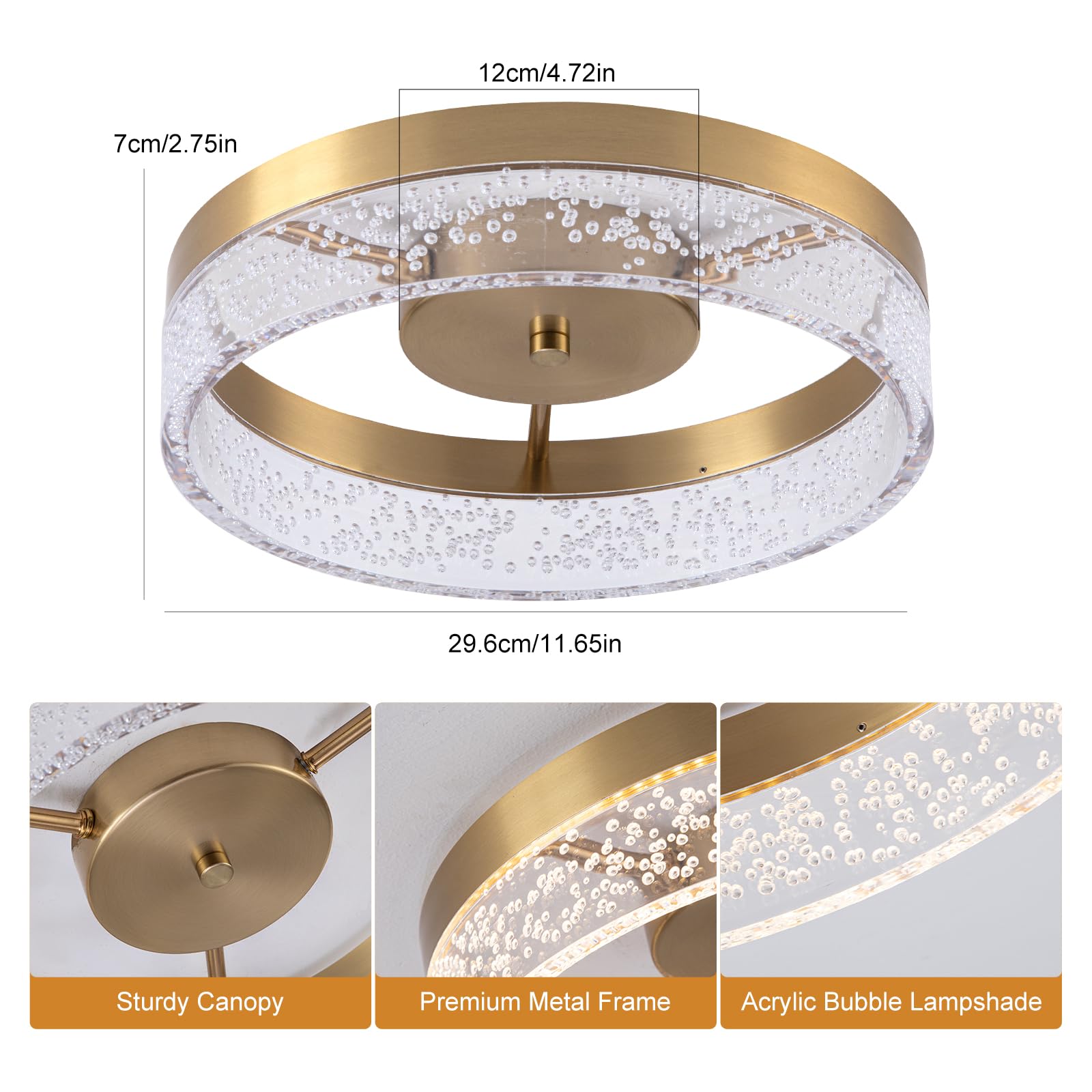 Qcyuui LED Deckenleuchte, 20W Flachmontierte Küchenbeleuchtung in Gold mit Klarer Acrylischer Lampehaube, Runde Deckenlampen für Wohnzimmer, Flur, Schlafzimmer und Küche