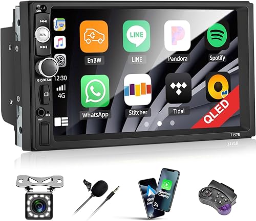 Estéreo de coche doble DIN con Apple Carplay y Android Auto, pantalla táctil de 7 pulgadas, 1080P, reproductor multimedia de radio de coche con