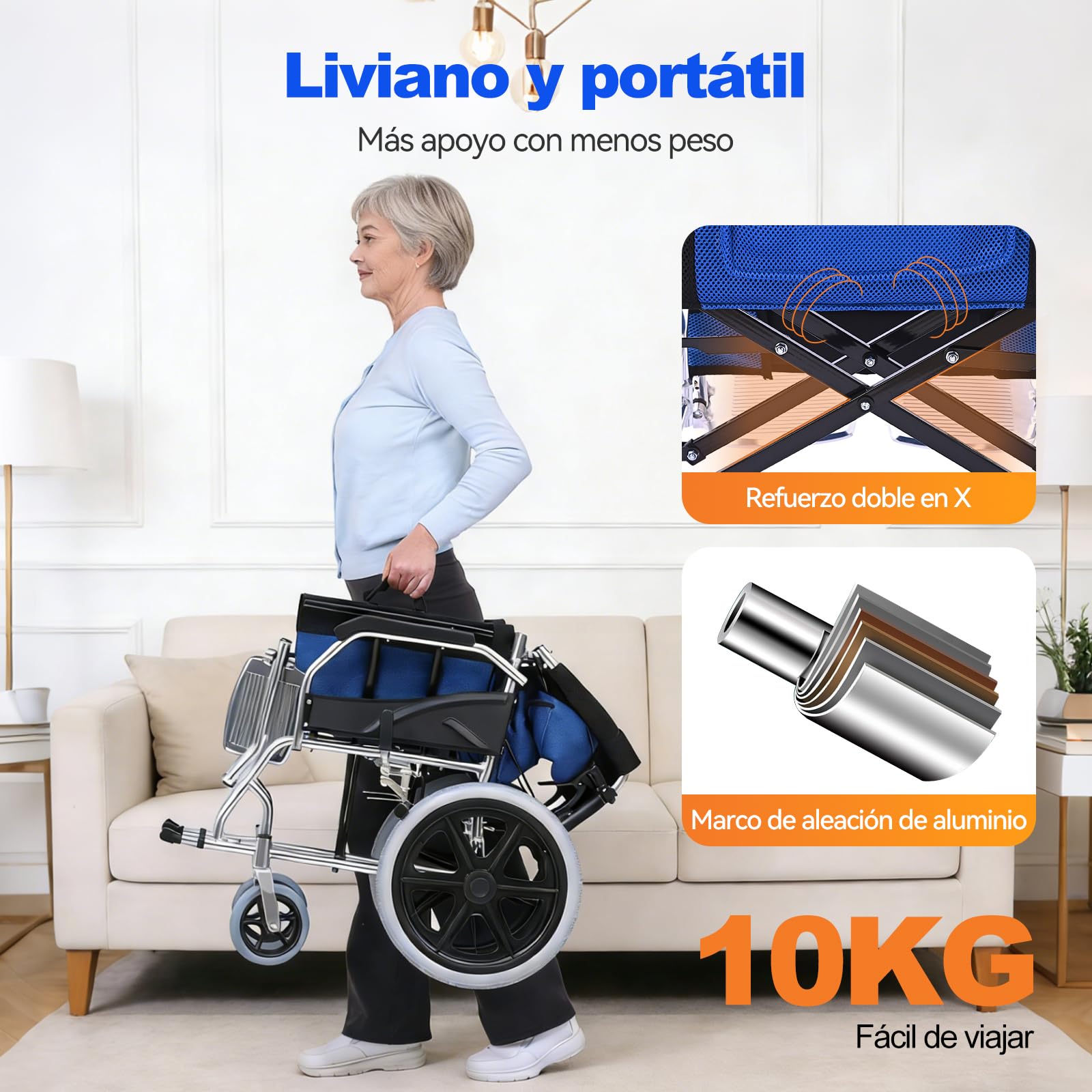 M3 Silla de Ruedas Plegable y Ligera - Doble Freno, Capacidad de Carga 100Kg, Reposapiés Plegables, Ideal para Personas Mayores y con Movilidad Reducida-Azul