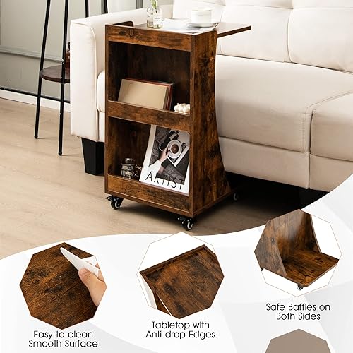 Miniatura 16 de GOFLAME Juego de 2 mesas auxiliares en forma de C, mesa auxiliar de sofá móvil con 2 compartimentos traseros de almacenamiento, ruedas giratorias