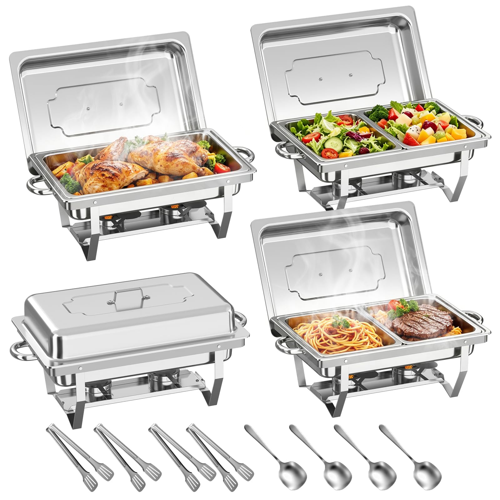 Chafing Dish Buffet Set 9L, 4pcs Edelstahl Warmhaltebehälter mit Deckel Lebensmittelpfannen und Brennstoffhaltern, Speisenwärmer für Catering, Buffet und Party Speisenwärmer