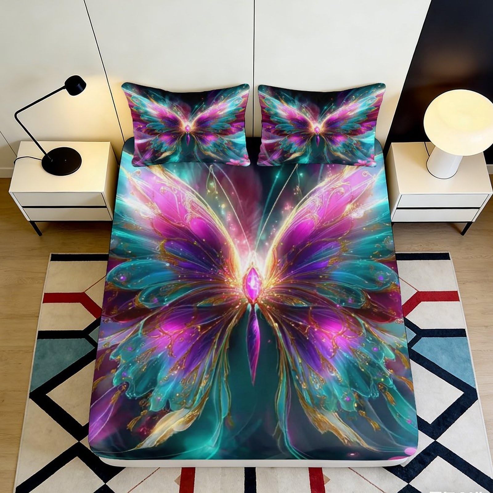 3D Printed Colorful Butterfly Fitted Sheet Microfiber Soft Breathable Vibrant Wings Mattress Cover for Bedroom Dormitory Guest Room Decor Protection 120x200x25cm