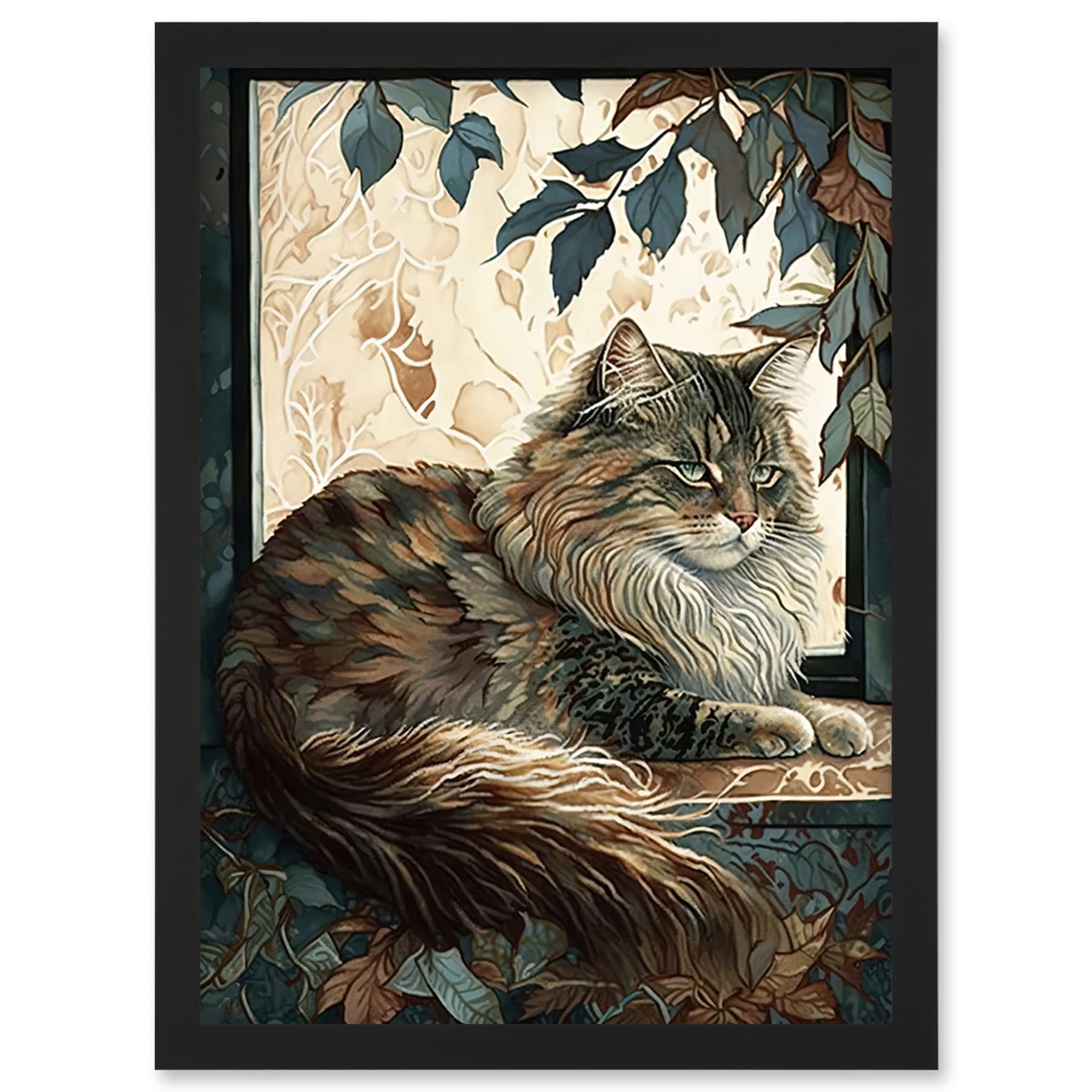 Artery8 Siberian Cat Perched on Window Sill in Autumn Modern Illustration Artwork Framed Wall Art Print A4