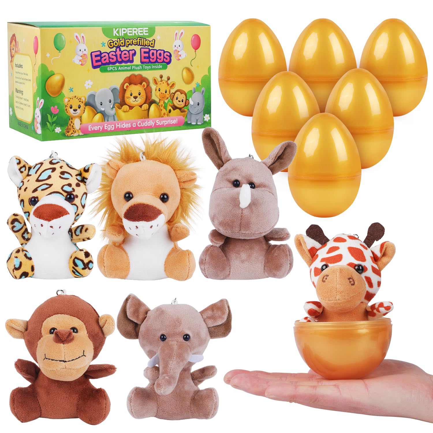 KIPEREE 6 Pcs Golden Easter Eggs Prefilled with Animal Plush Toys, Cute Easter Basket Fillers & Egg Hunt Surprise Gift for Kids